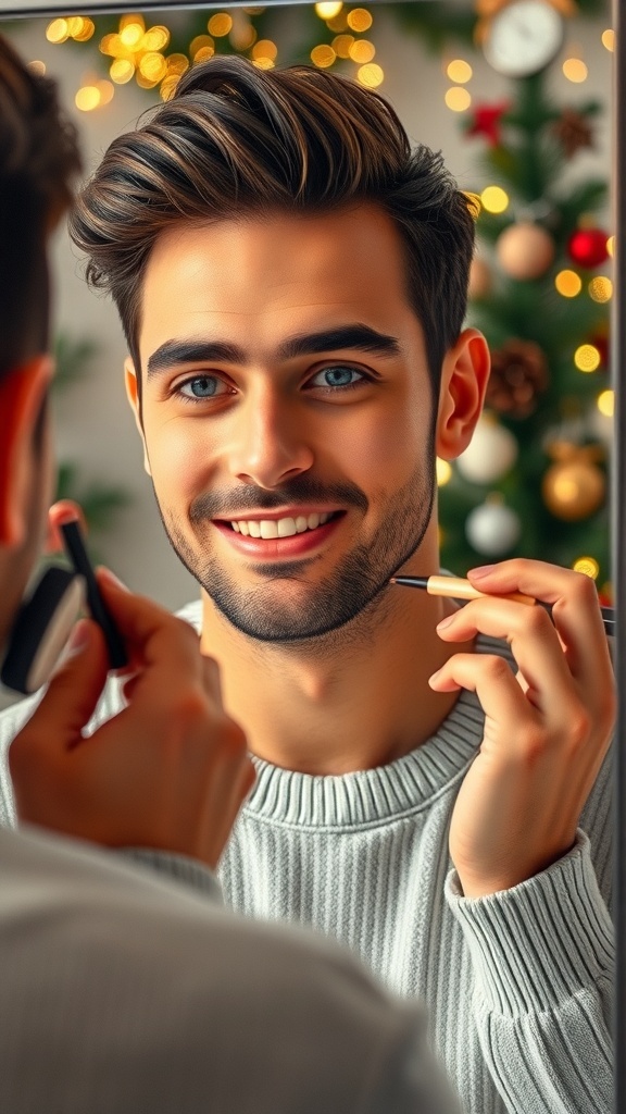 A man applying Christmas makeup in a festive setting with decorations and a Christmas tree.
